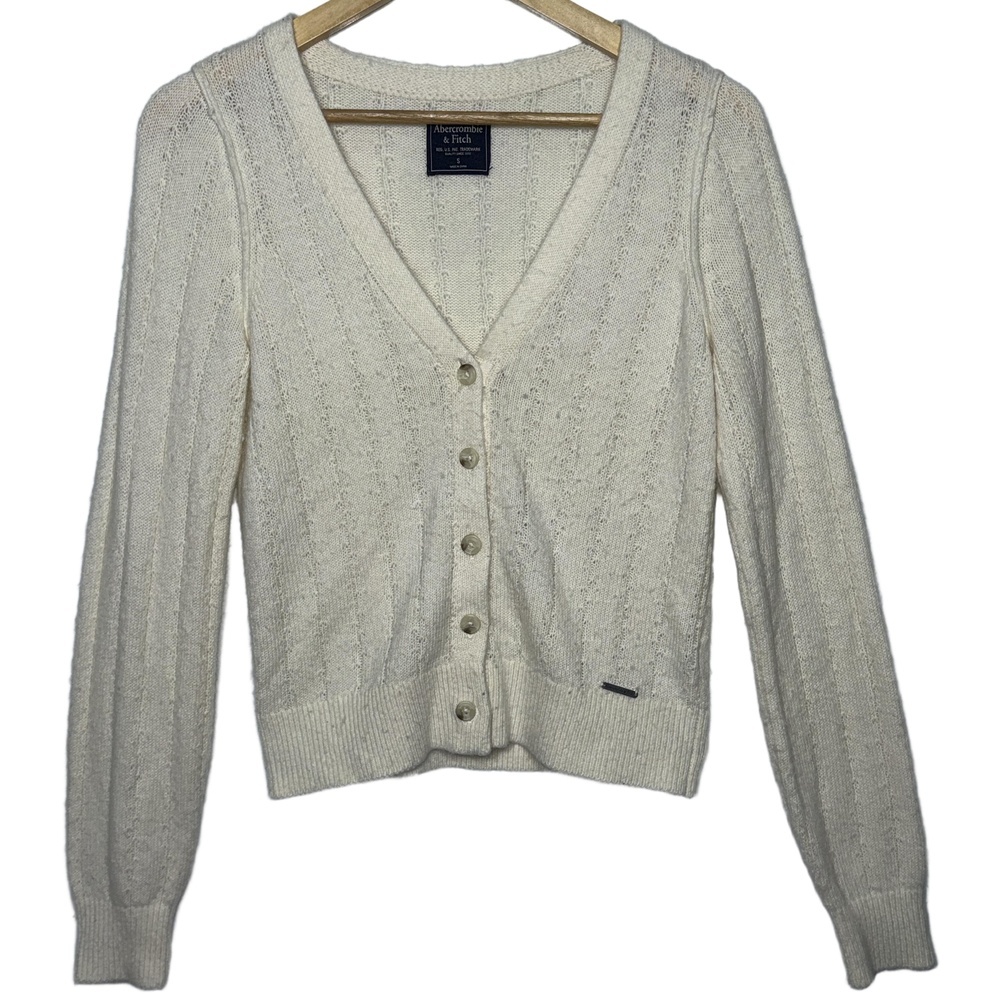 Abercrombie & Fitch Cream Ribbed Knit Long Sleeve V-Neck Cardigan Sweater Size S